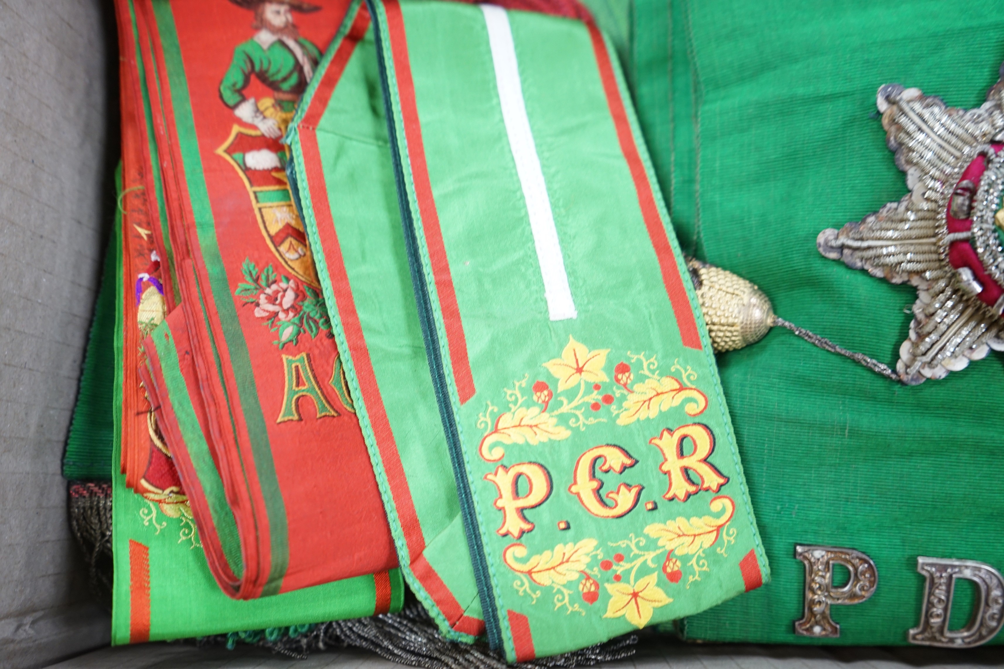 A collection on Free Mason sashes and ribbons